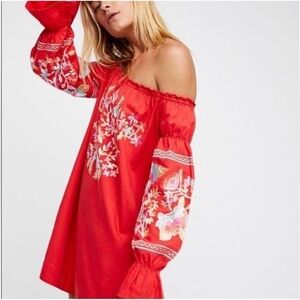 Free People Fleur Du Jour Floral Embroidered Red Off-Shoulder Mini Dress